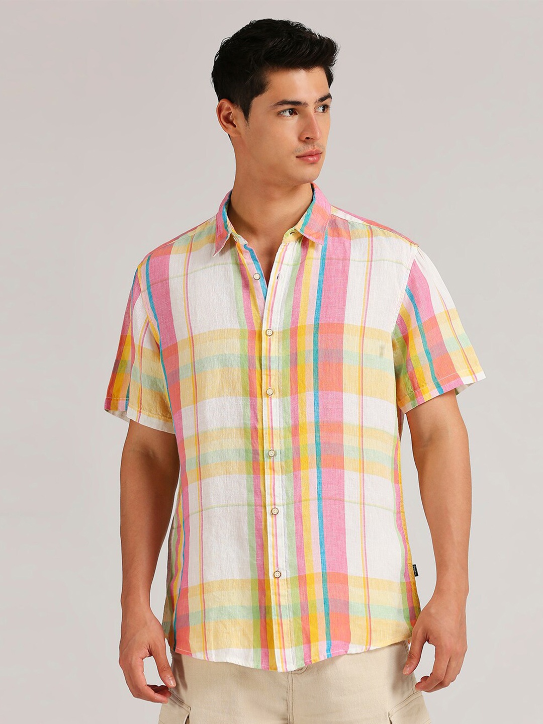 

Pepe Jeans Checked Spread Collar Short Sleeves Linen Casual Shirt, Yellow