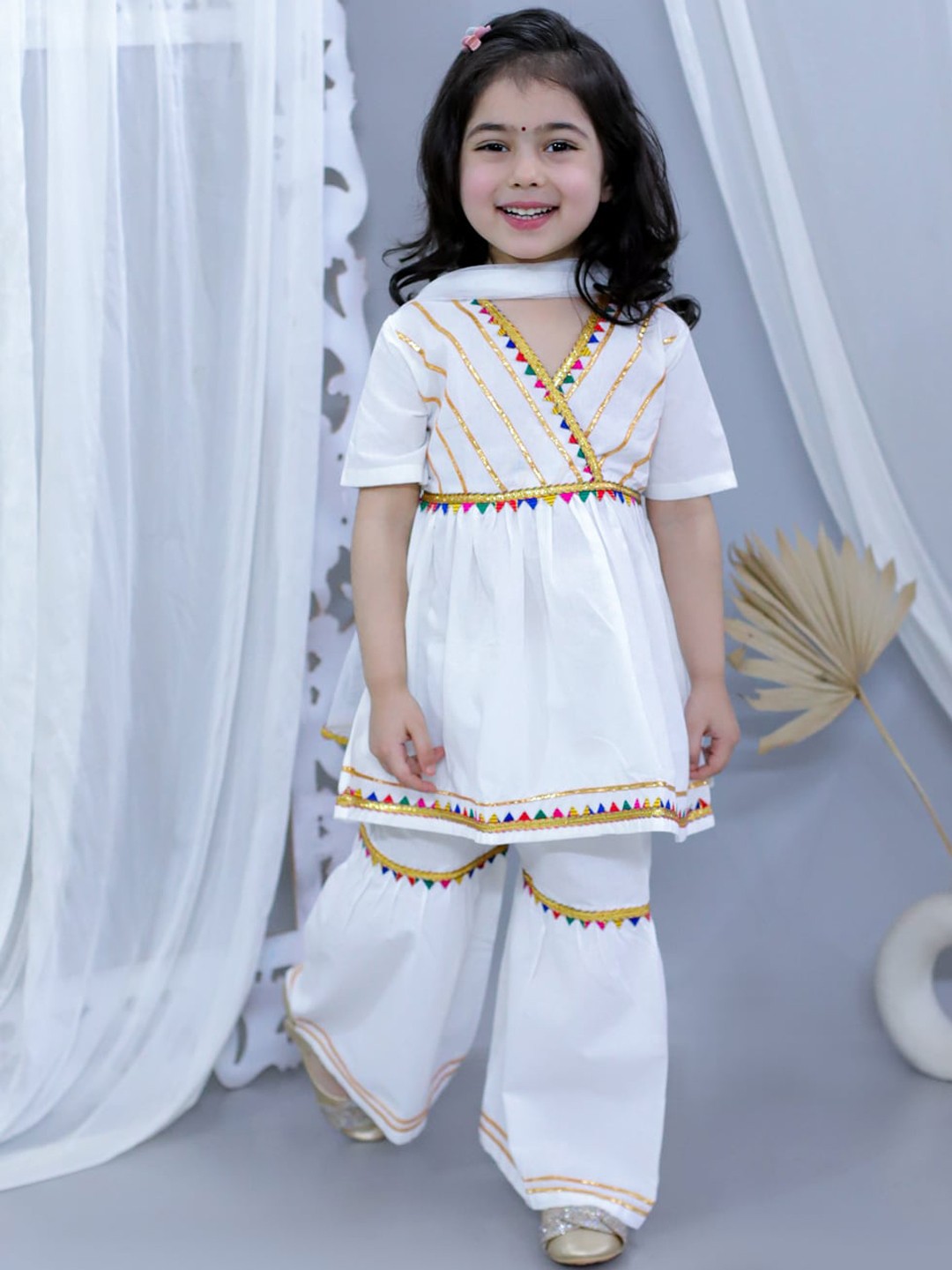 

JUNITOS Girls Striped V-Neck Embroidered Gotta Patti Pure Cotton Kurta Sharara & Dupatta, White