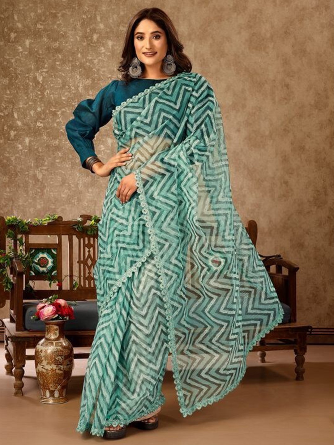 

Indian Women Geometric Embroidered Ready To Wear Saree, Turquoise blue