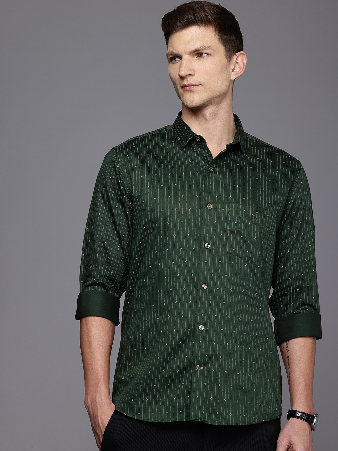 

Louis Philippe Sport Slim Fit Ethnic Printed Pure Cotton Casual Shirt, Green