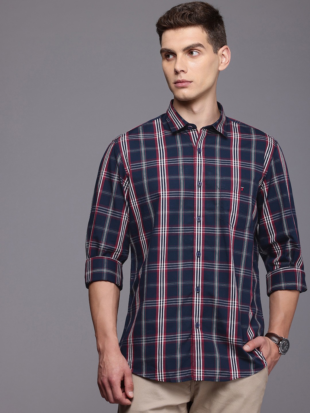

Louis Philippe Sport Pure Cotton Slim Fit Opaque Checked Casual Shirt, Navy blue