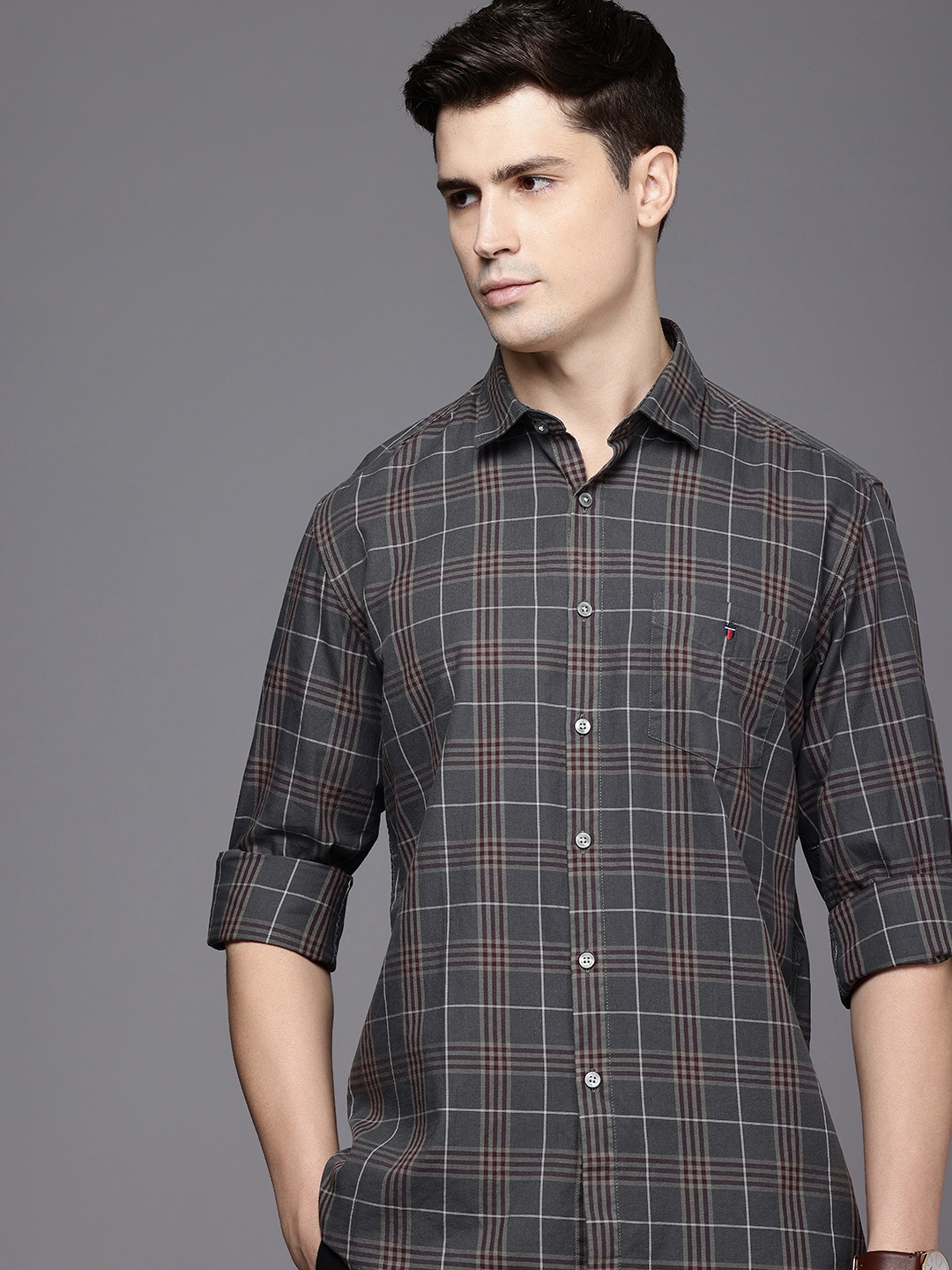 

Louis Philippe Sport Pure Cotton Slim Fit Opaque Checked Casual Shirt, Grey
