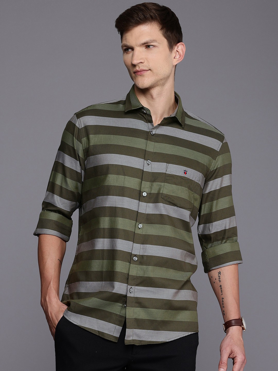 

Louis Philippe Sport Pure Cotton Slim Fit Horizontal Stripes Opaque Casual Shirt, Olive