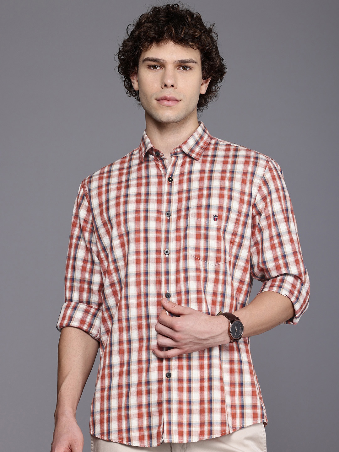 

Louis Philippe Sport Slim Fit Checked Pure Cotton Casual Shirt, Rust