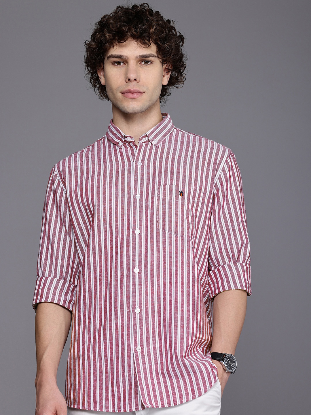 

Louis Philippe Sport Slim Fit Striped Button-Down Collar Casual Shirt, Maroon