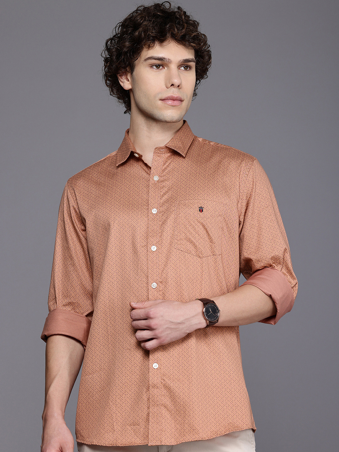 

Louis Philippe Sport Slim Fit Micro Ditsy Printed Pure Cotton Casual Shirt, Rust