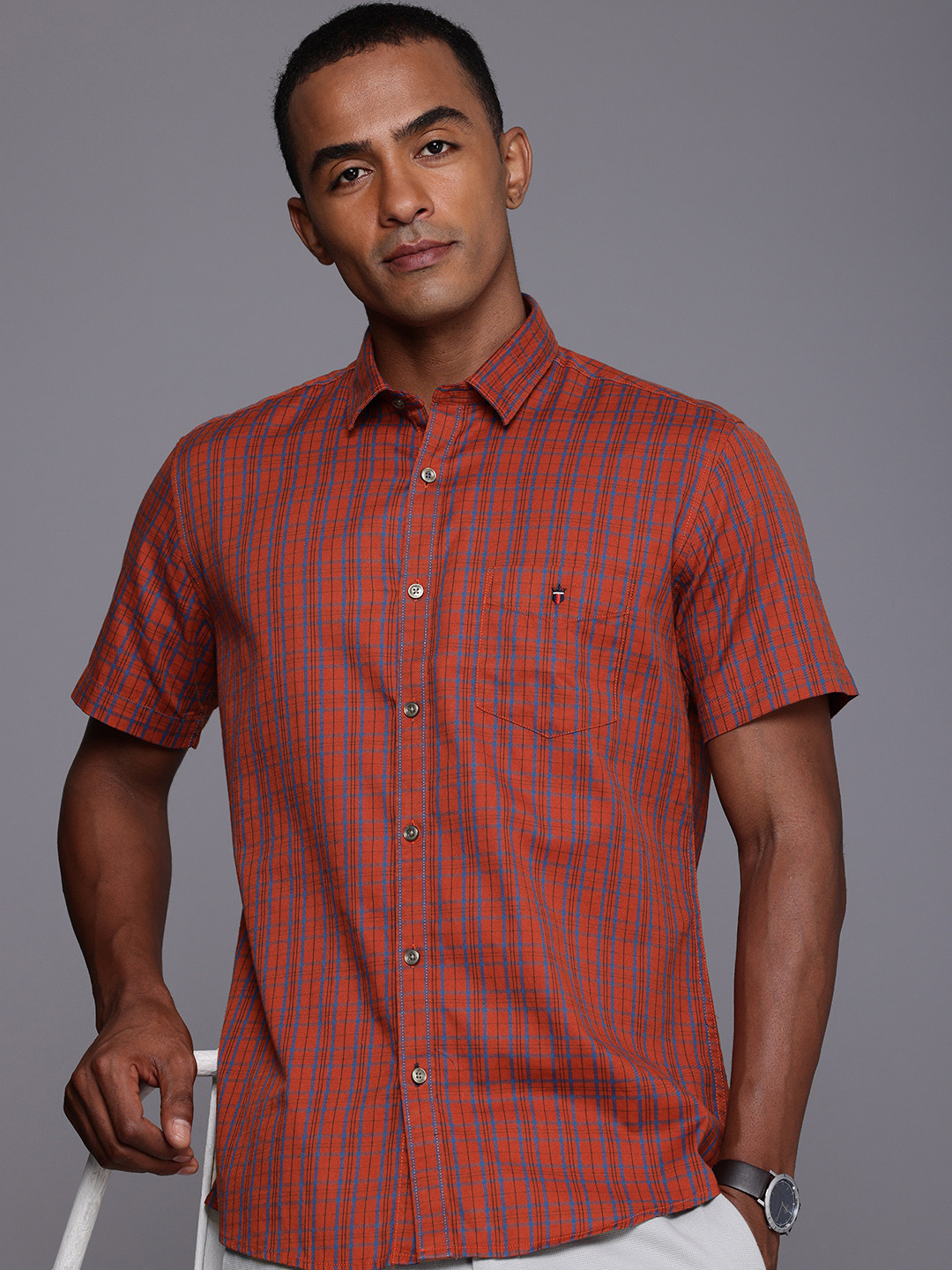 

Louis Philippe Sport Pure Cotton Slim Fit Checked Casual Shirt, Rust
