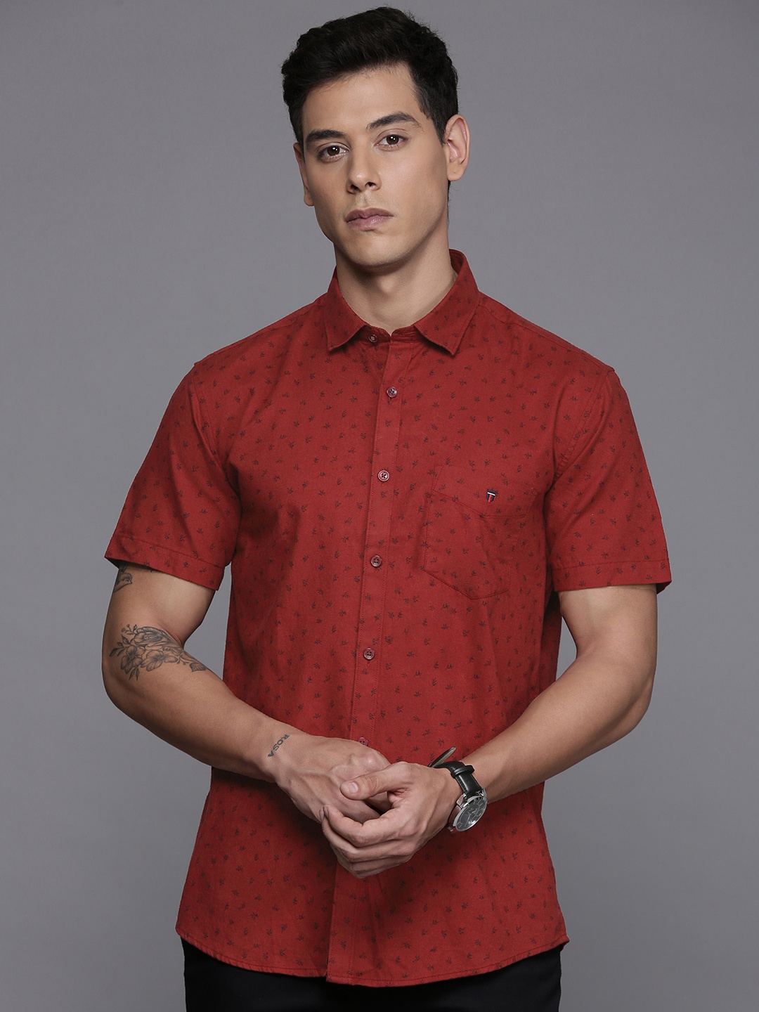 

Louis Philippe Sport Slim Fit Micro Ditsy Leaf Printed Pure Cotton Shirt, Rust