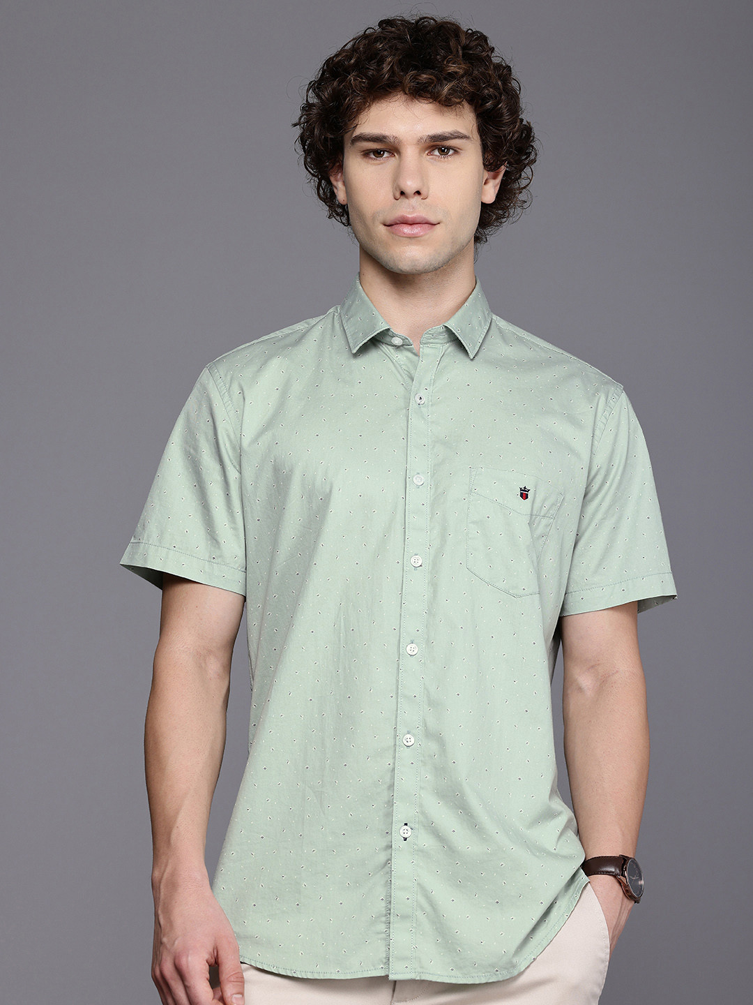 

Louis Philippe Sport Slim Fit Micro Ditsy Printed Pure Cotton Casual Shirt, Green