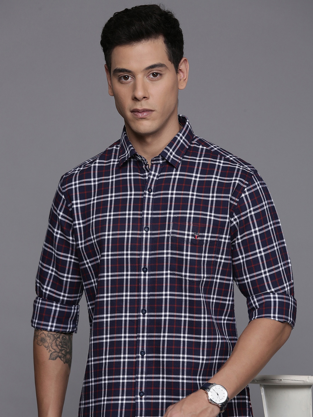 

Louis Philippe Sport Cotton Slim Fit Tartan Checked Casual Shirt, Navy blue