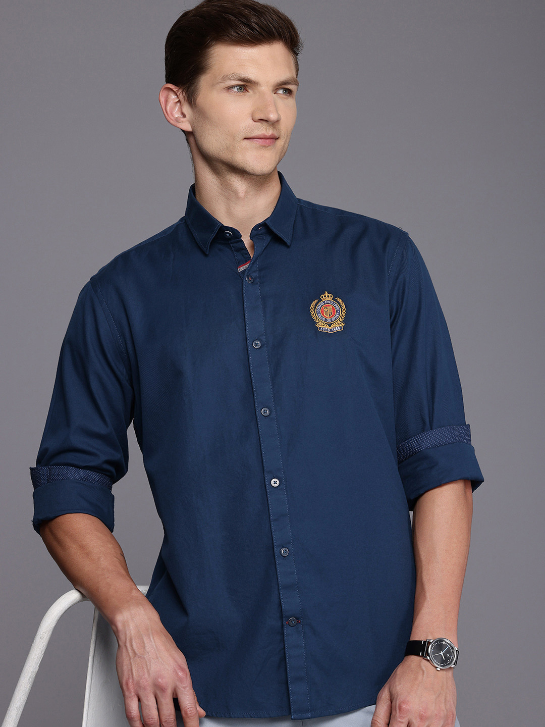 

Louis Philippe Sport Pure Cotton Slim Fit Opaque Casual Shirt, Navy blue