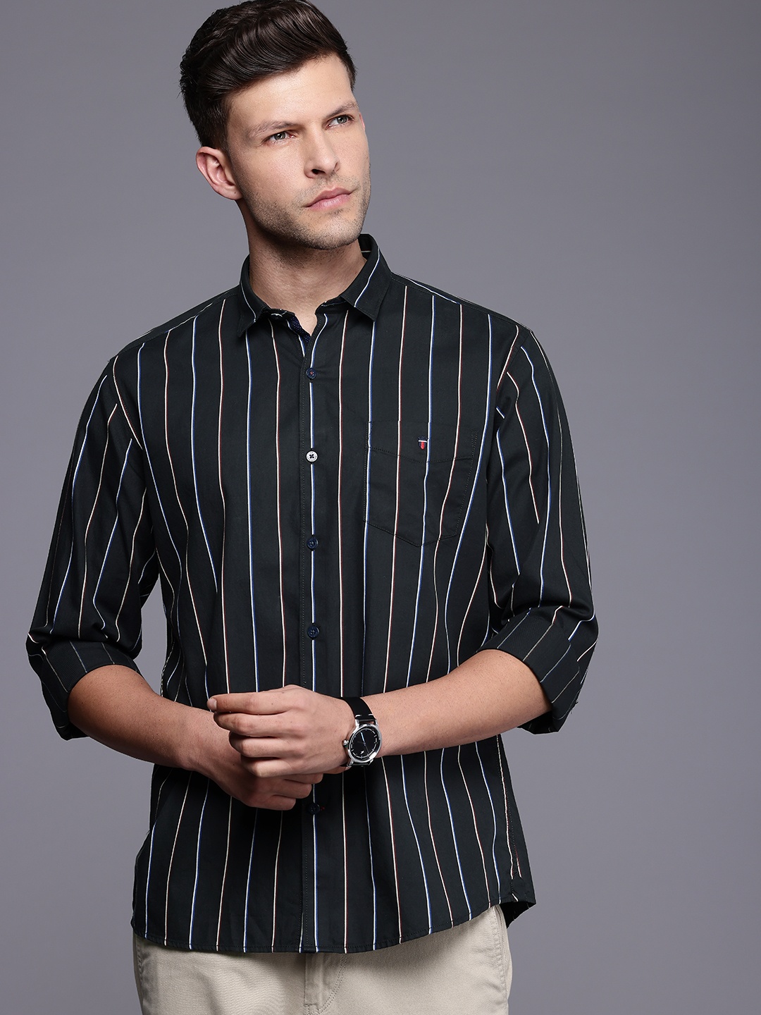 

Louis Philippe Sport Pure Cotton Slim Fit Opaque Striped Casual Shirt, Black