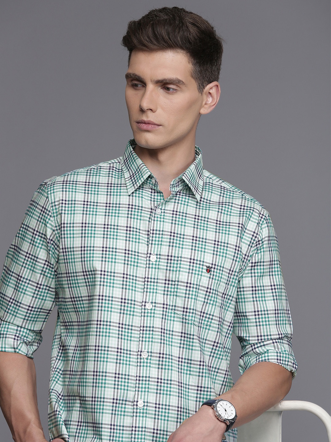

Louis Philippe Sport Plaid Checks Slim Fit Pure Cotton Shirt, Green