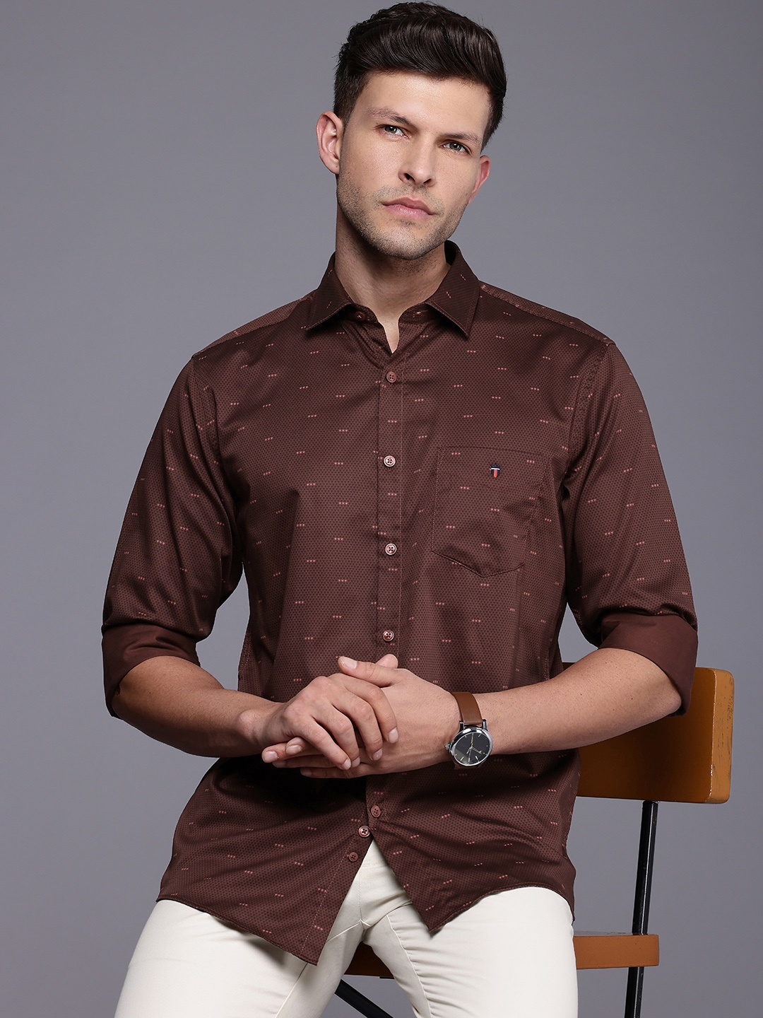 

Louis Philippe Sport Slim Fit Opaque Printed Pure Cotton Casual Shirt, Brown
