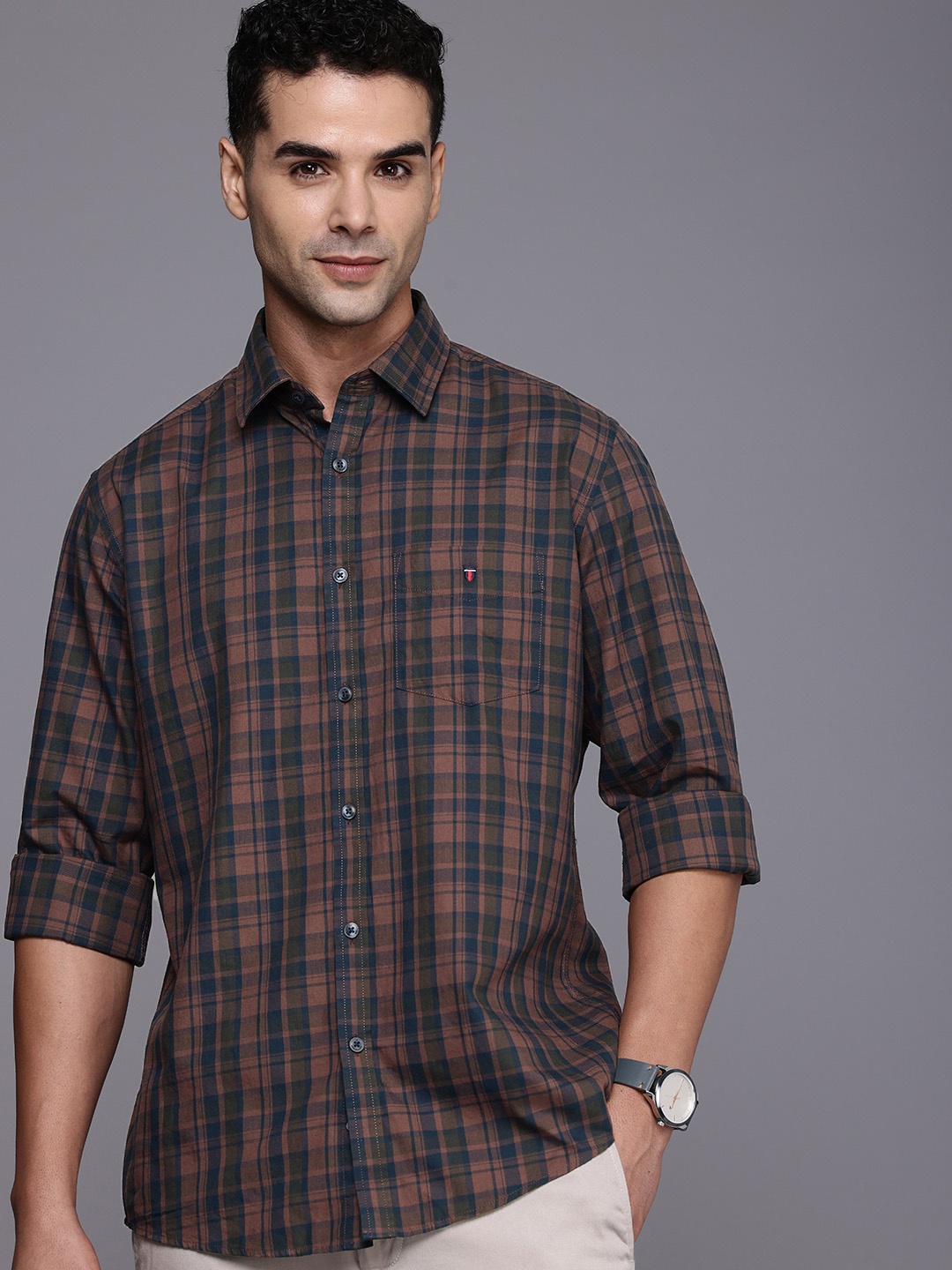

Louis Philippe Sport Pure Cotton Slim Fit Checked Casual Shirt, Brown