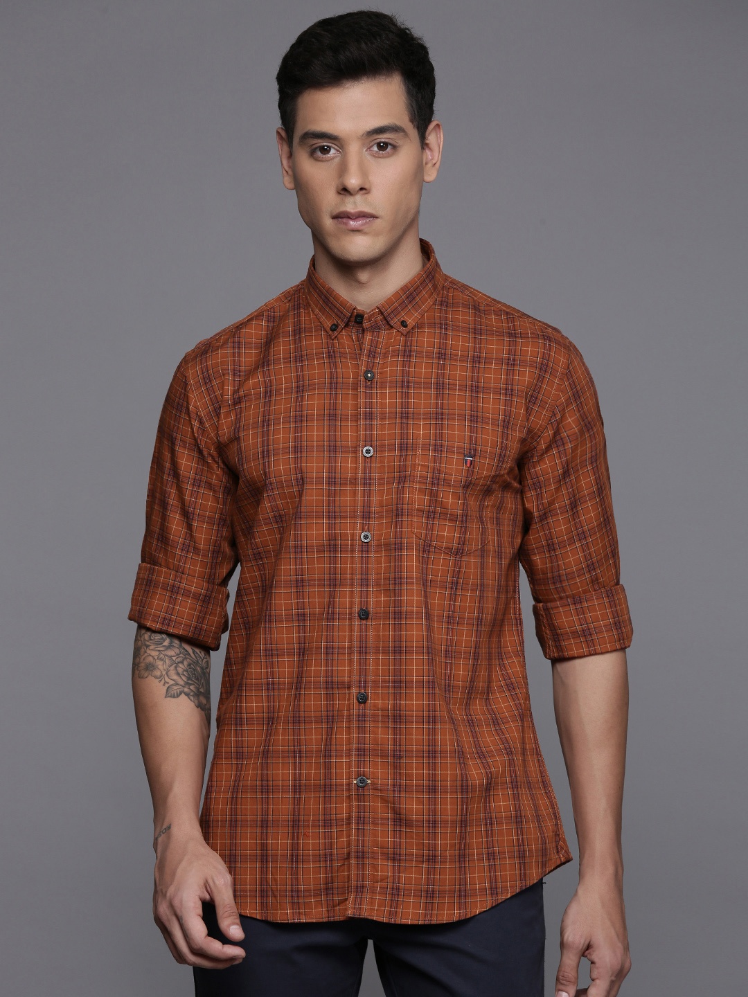 

Louis Philippe Sport Plaid Checks Slim Fit Pure Cotton Shirt, Rust