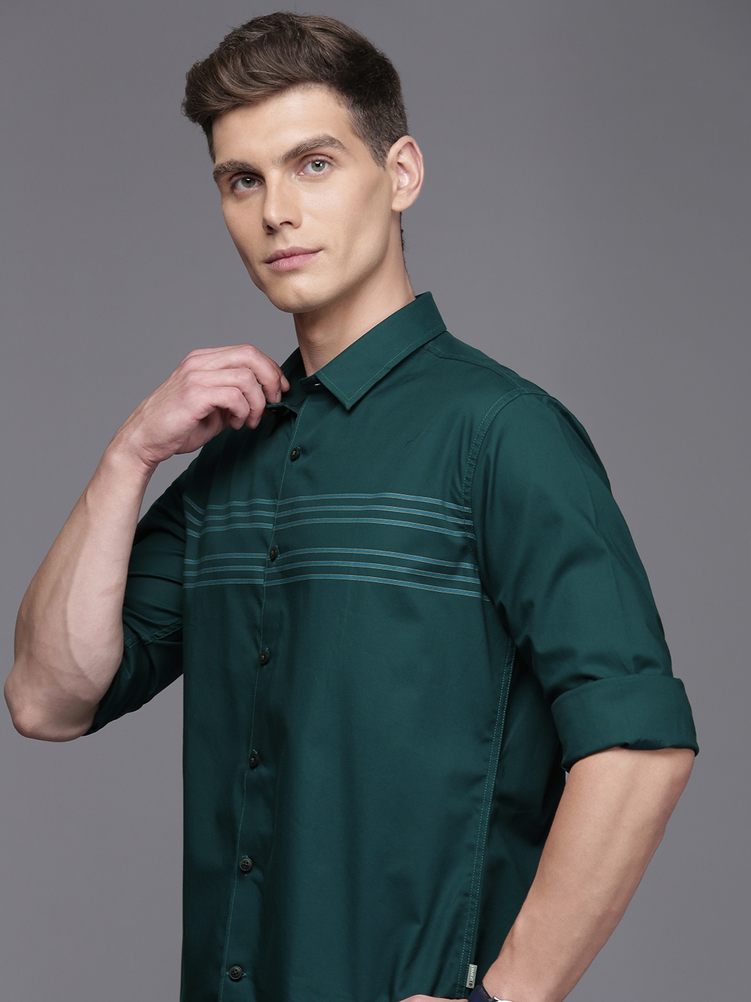 

Louis Philippe Sport Striped Detailed Slim Fit Pure Cotton Shirt, Green