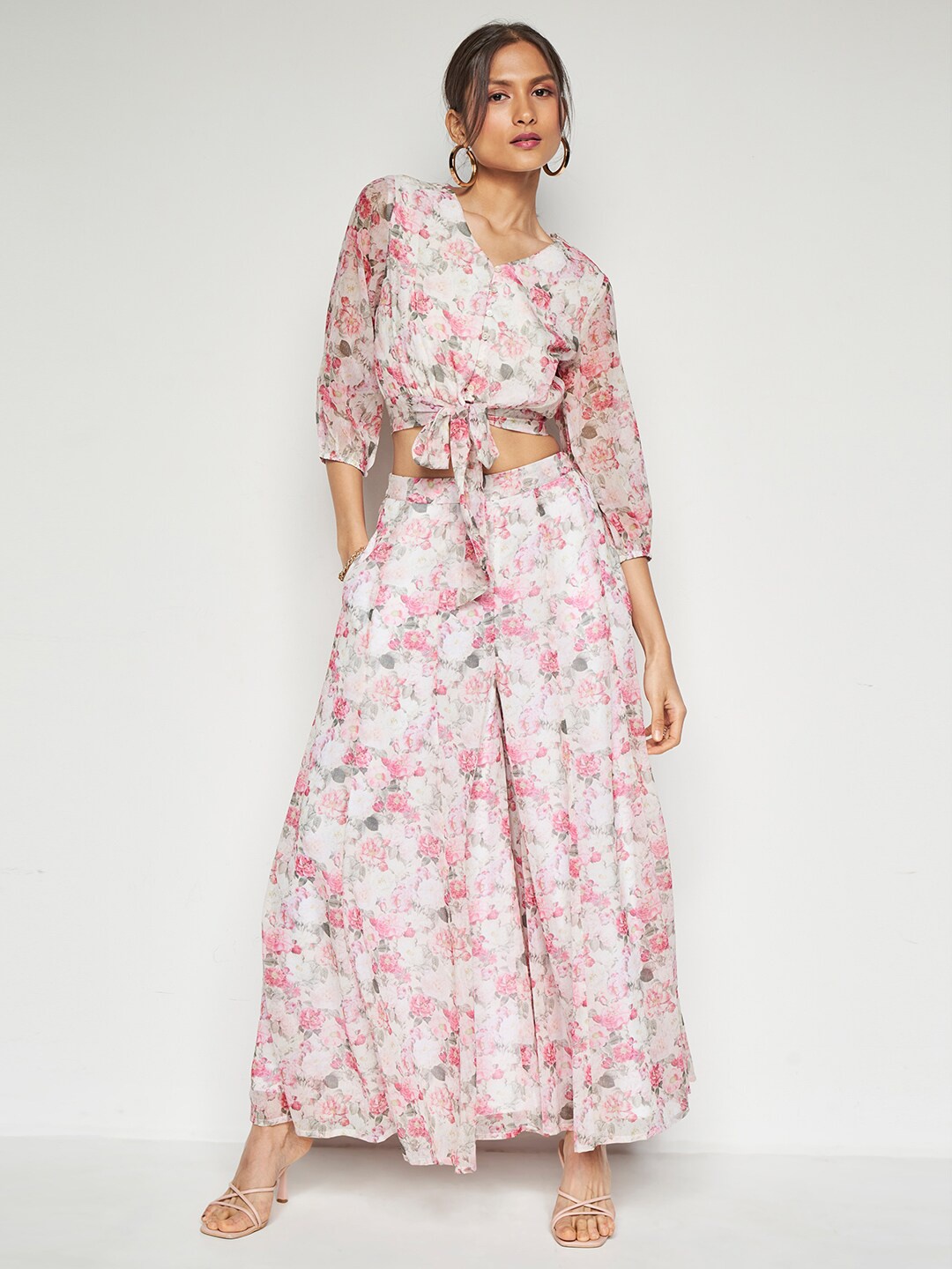 

AND Printed V-Neck Top With Trouser Co-Ords, Cream