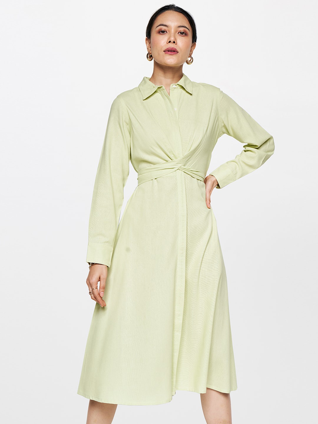 

AND Shirt Collar Full Sleeves Linen Shirt Midi Dress, Green