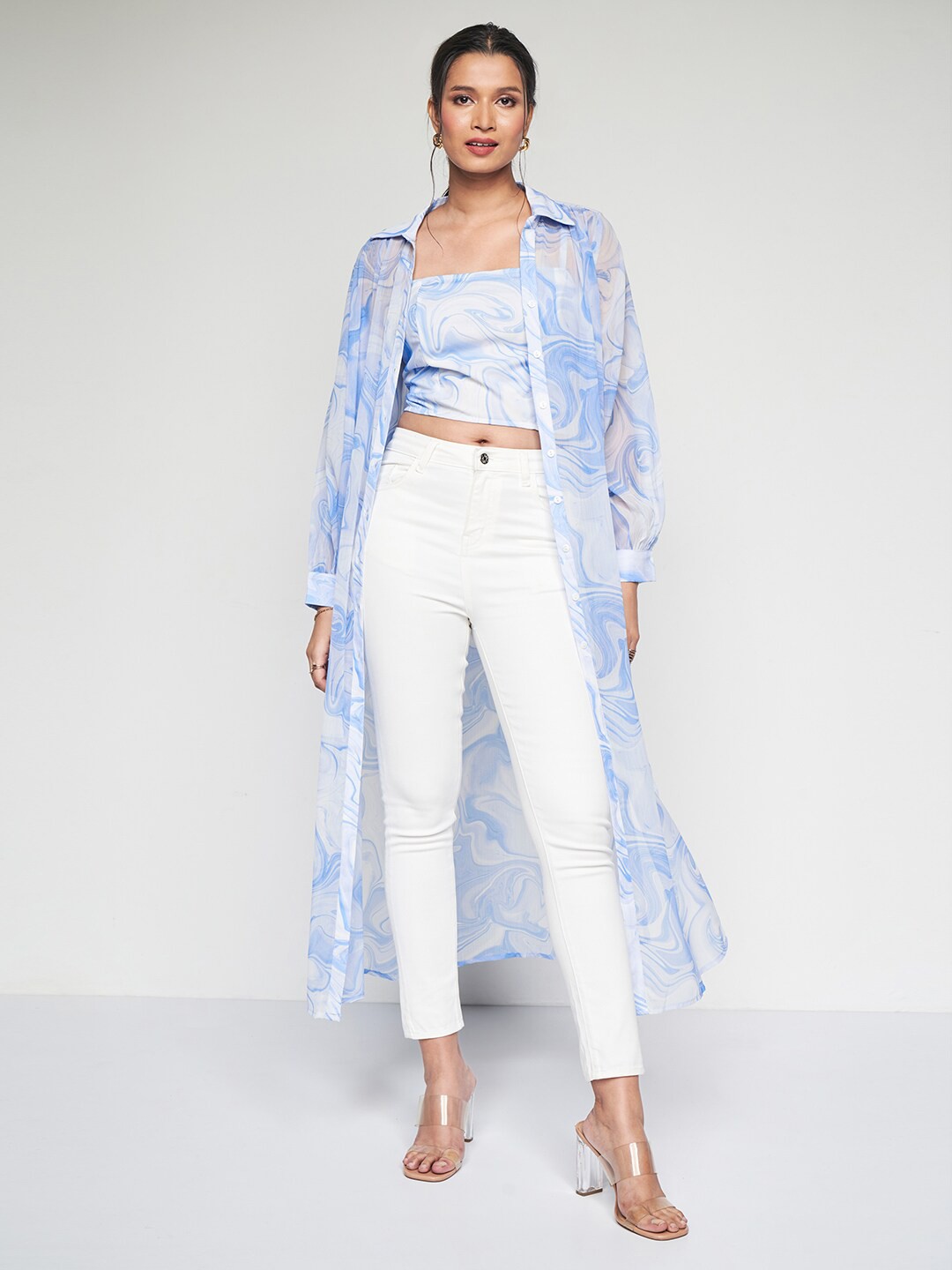 

AND Shirt Collar Long Cuffed Sleeves Abstract Printed Longline Top, Blue