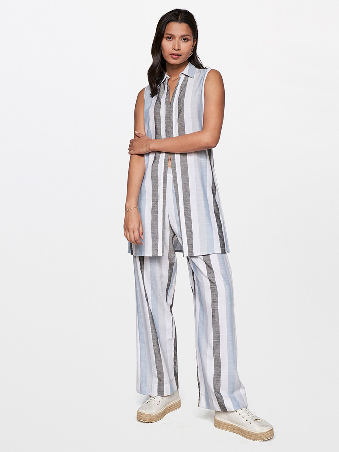 

AND Striped Shirt Collar Longline Shirt With Trouser, Grey