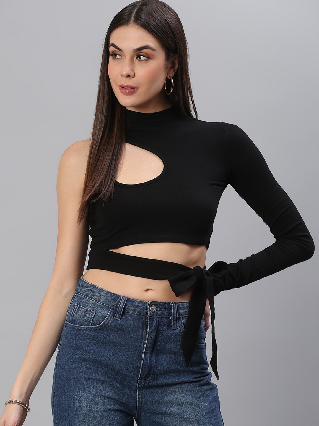 

BAESD One Shoulder Cut Out Fitted Crop Top, Black