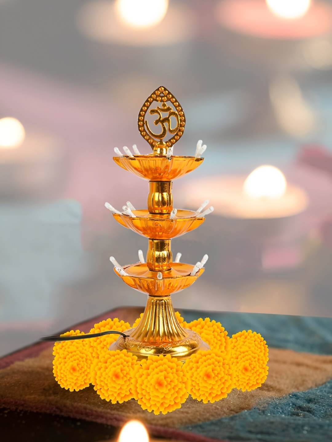 

Kuber Industries Gold-Toned 3 Layer Diya Stand LED String Lights, Beige