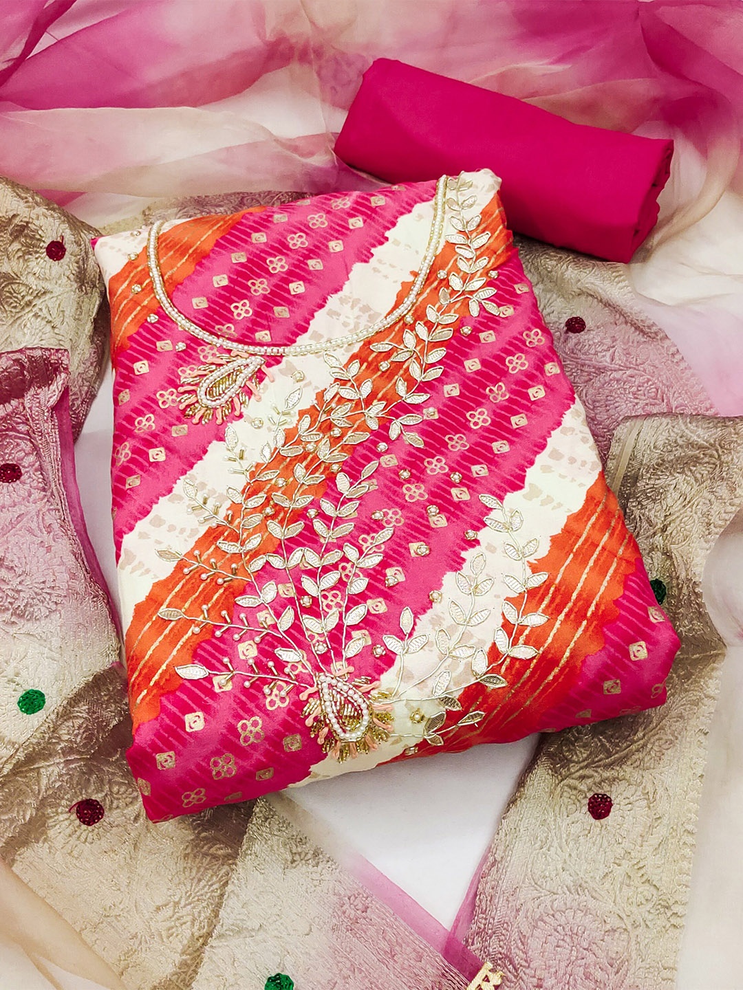 

MAHALASA Floral Printed Pure Cotton Unstitched Dress Material, Pink