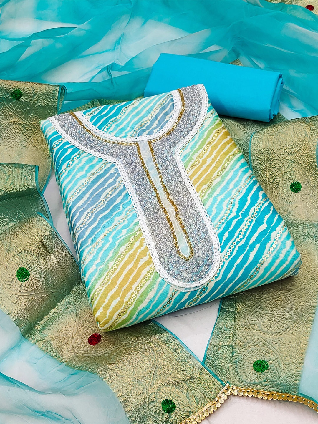 

MAHALASA Embroidered Pure Cotton Unstitched Dress Material, Turquoise blue