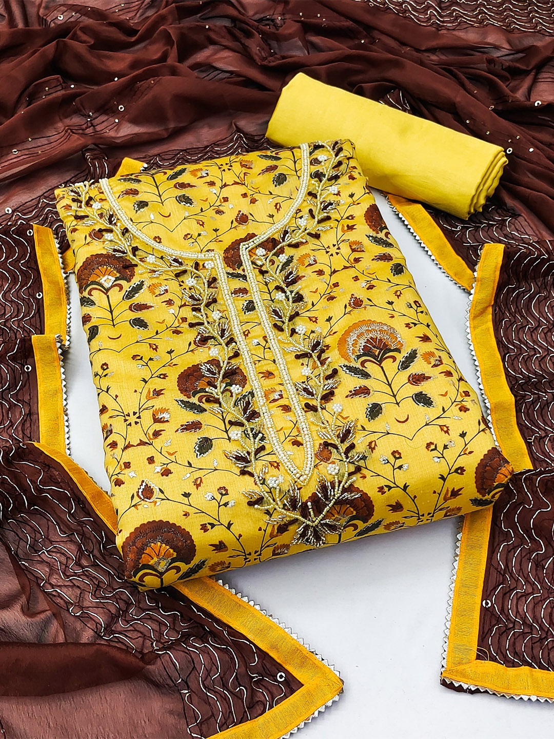 

MAHALASA Floral Embroidered Pure Cotton Unstitched Dress Material, Yellow