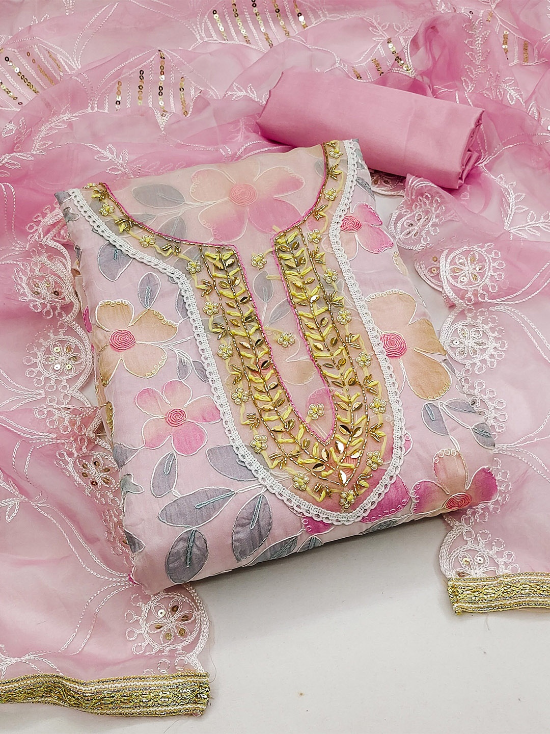 

MAHALASA Floral Embroidered Organza Unstitched Dress Material, Pink