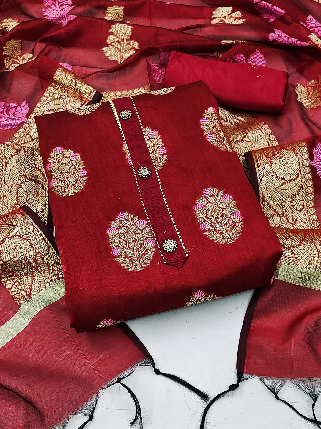 

MAHALASA Floral Woven Design Pure Cotton Unstitched Dress Material, Maroon