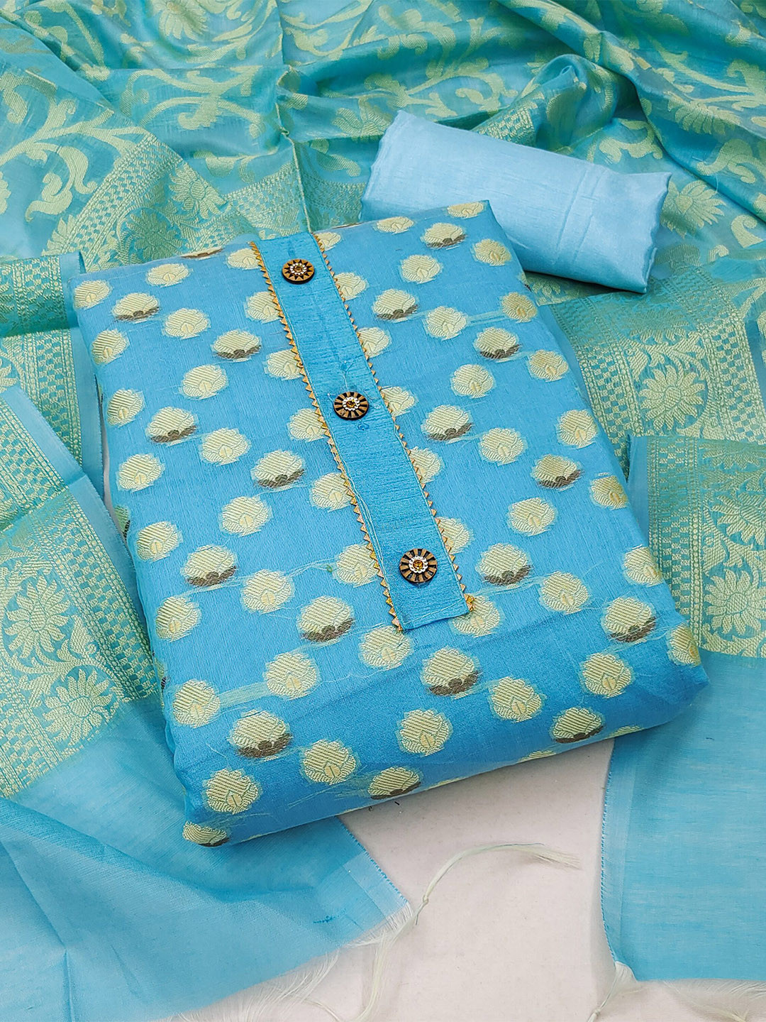 

MAHALASA Ethnic Motifs Woven Design Pure Cotton Unstitched Dress Material, Turquoise blue