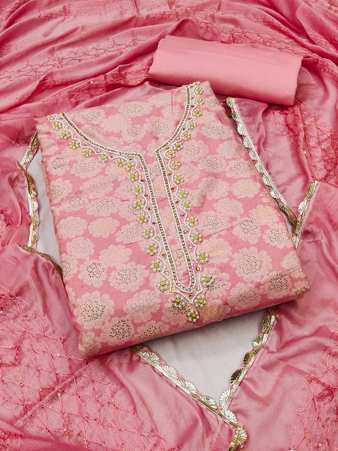 

MAHALASA Floral Woven Design Pure Cotton Unstitched Dress Material, Peach