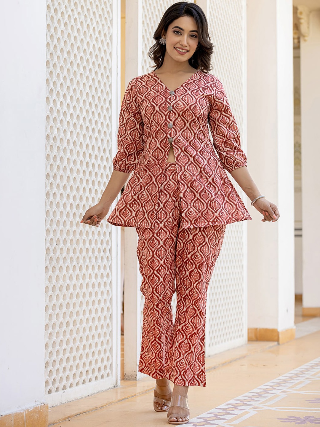 

Yufta Ethnic Motifs Printed Pure Cotton Top With Trousers, Rust