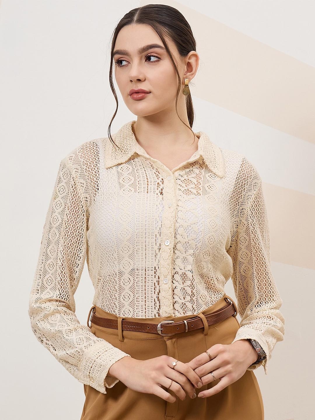 

Shally Bhasin by Athena Self Design Cuffed Sleeves Lace Inserts Semi Sheer Shirt Style Top, Beige