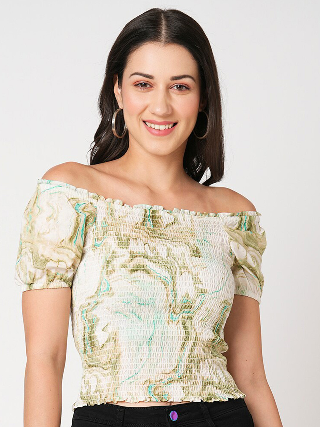 

Kraus Jeans Abstract Printed Off-Shoulder Puff Sleeves Smocking Cotton Bardot Crop Top, Beige