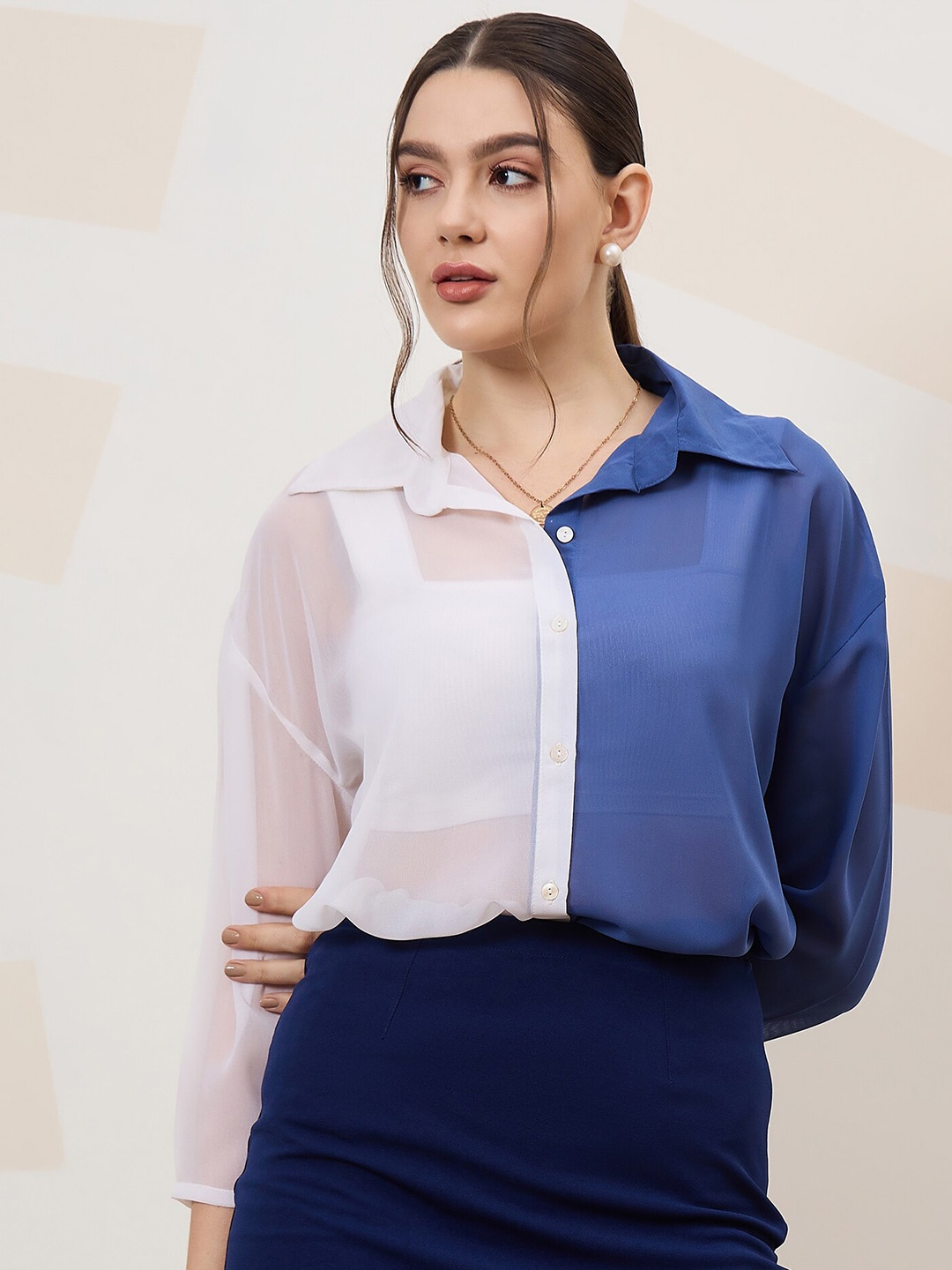 

Athena Immutable Colourblocked Spread Collar Drop-Shoulder Sleeves Sheer Casual Shirt, White
