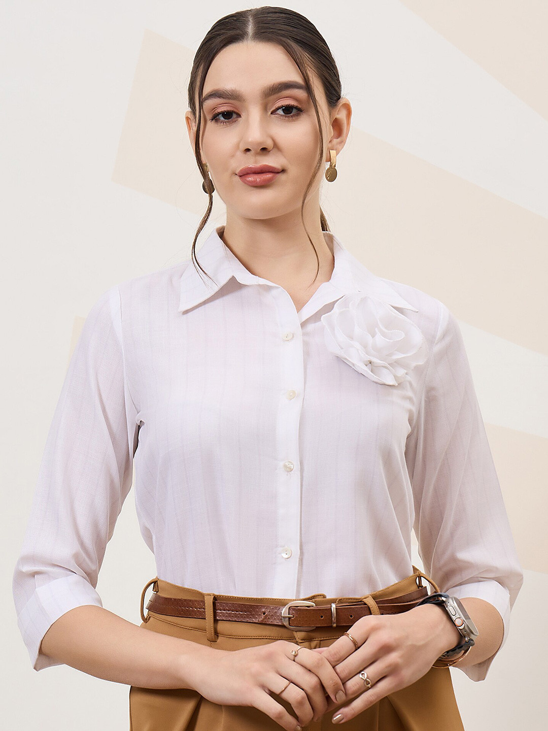 

Athena Immutable Vertical Striped Shirt Collar Corsage Detailed Cotton Shirt Style Top, White