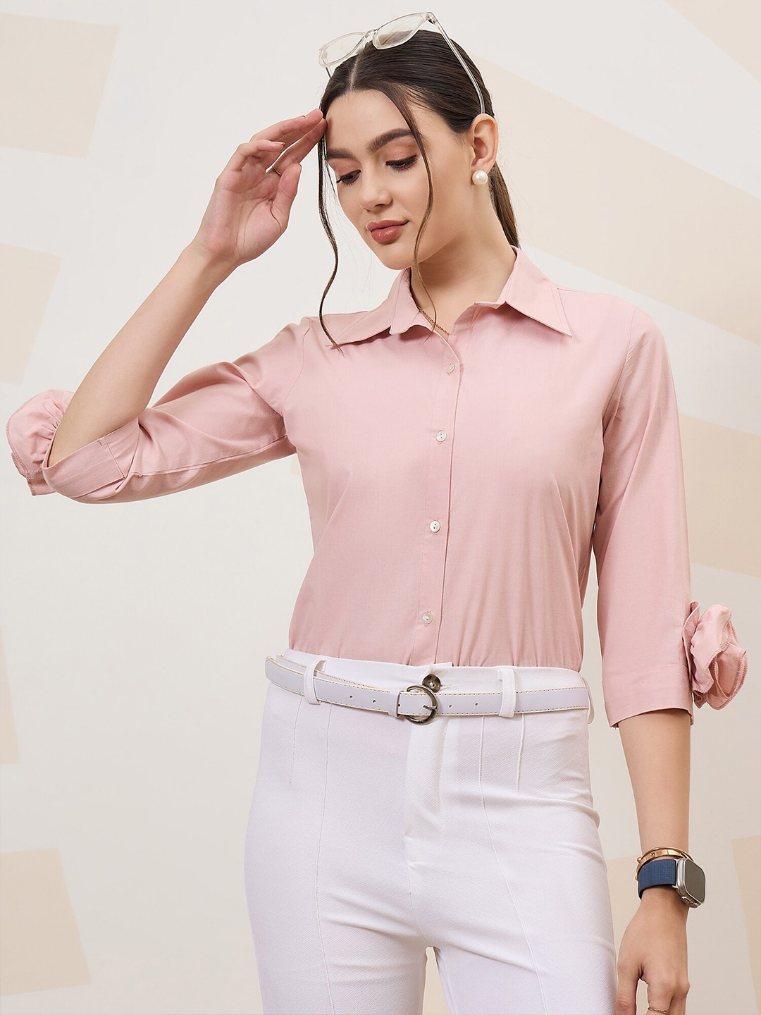 

Athena Immutable Shirt Collar Corsage Detailed Cotton Shirt Style Top, Pink