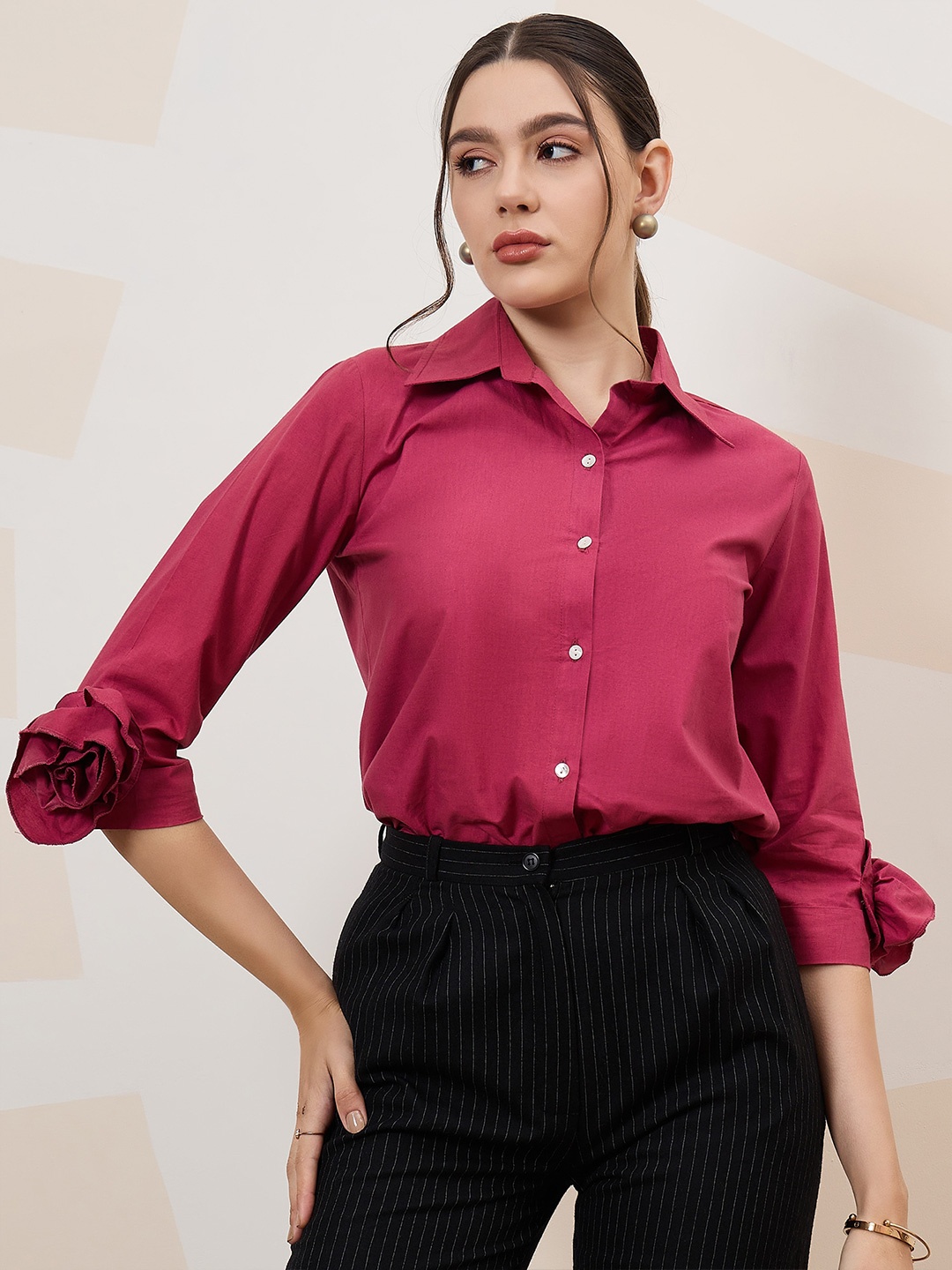 

Athena Immutable Shirt Collar Corsage Detailed Cotton Shirt Style Top, Fuchsia