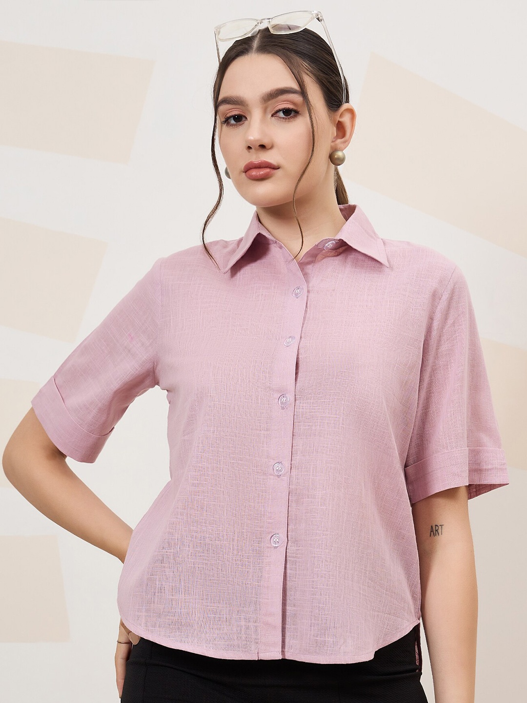 

Athena Immutable Spread Collar Cotton Casual Shirt, Pink