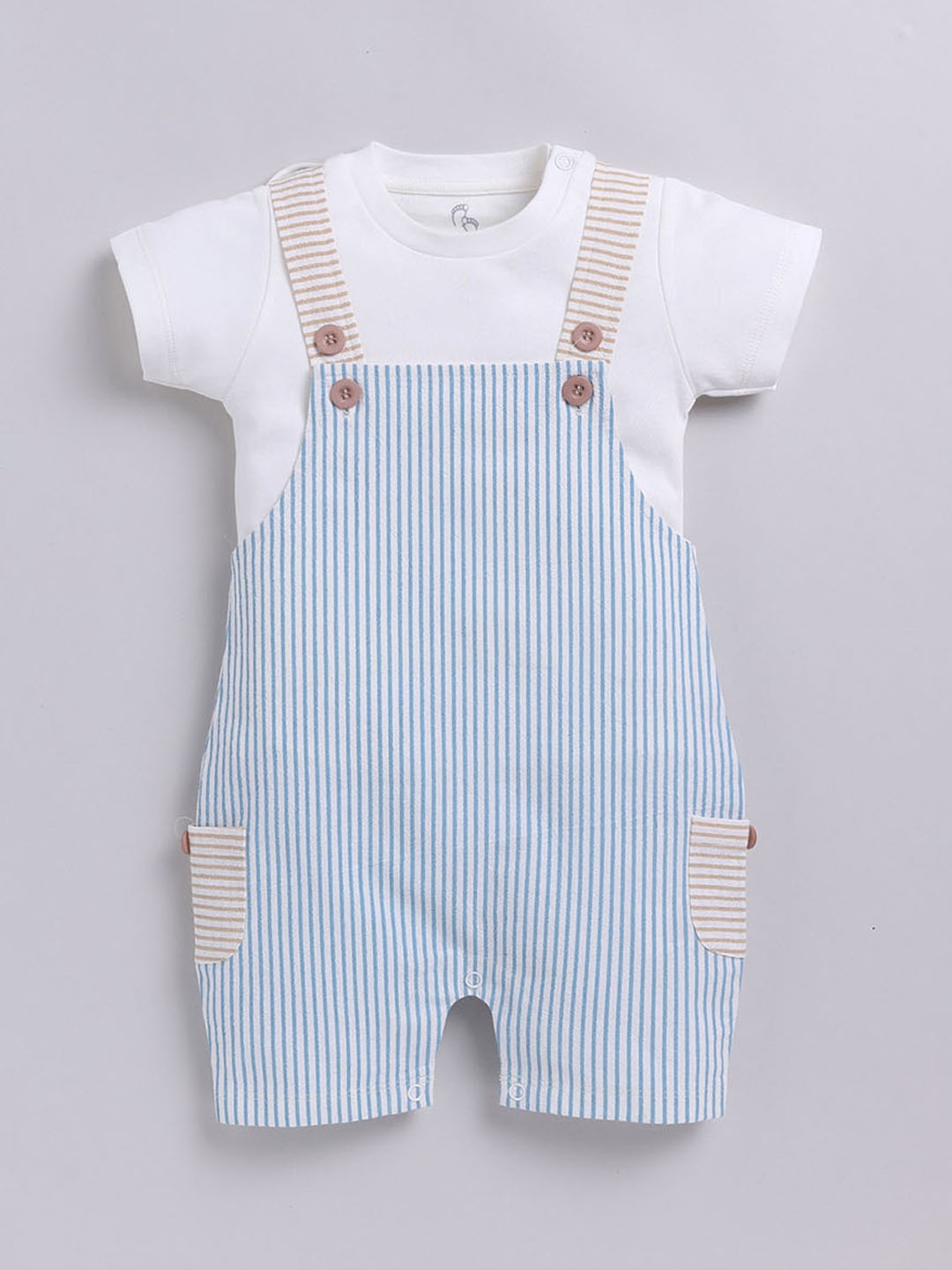 

BABY GO Boys Striped Pure Cotton Dungarees with T-Shirt, Beige