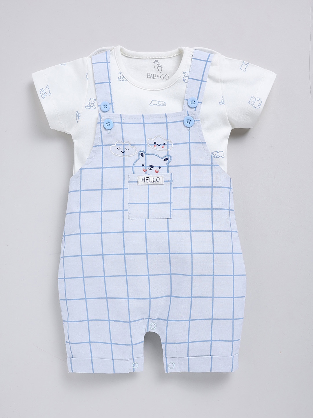 

BABY GO Infant Boys Checked Pure Cotton Straight Leg Dungaree With T-shirt, Blue