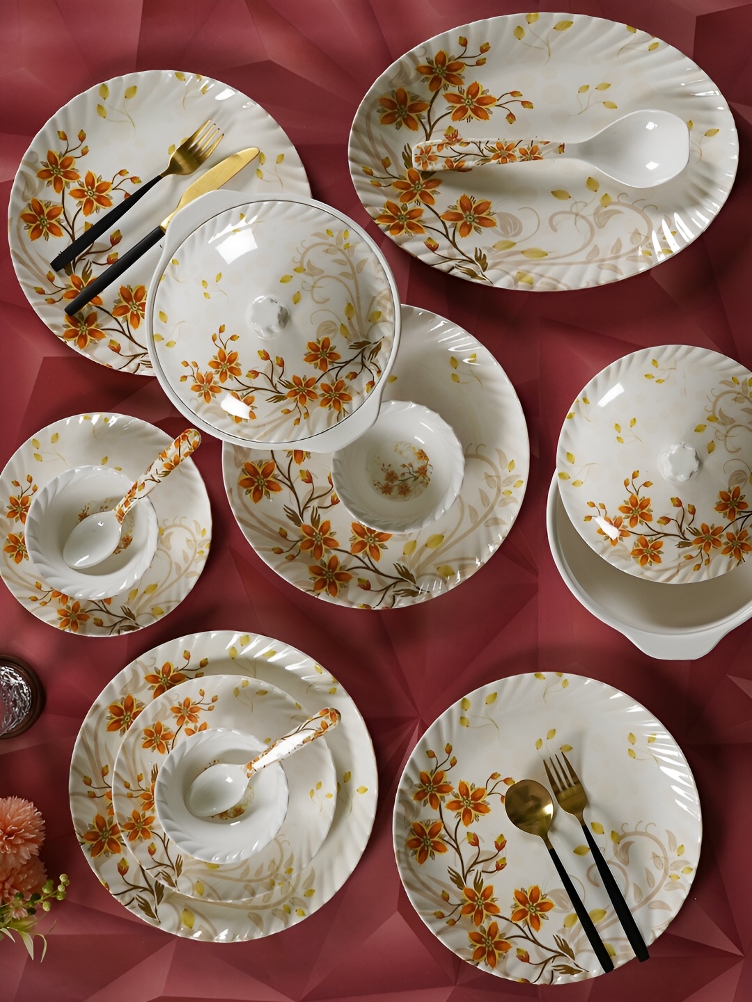 

CDI White & Orange 41Pcs Floral Printed Melamine Glossy Dishwasher Safe Dinner Set