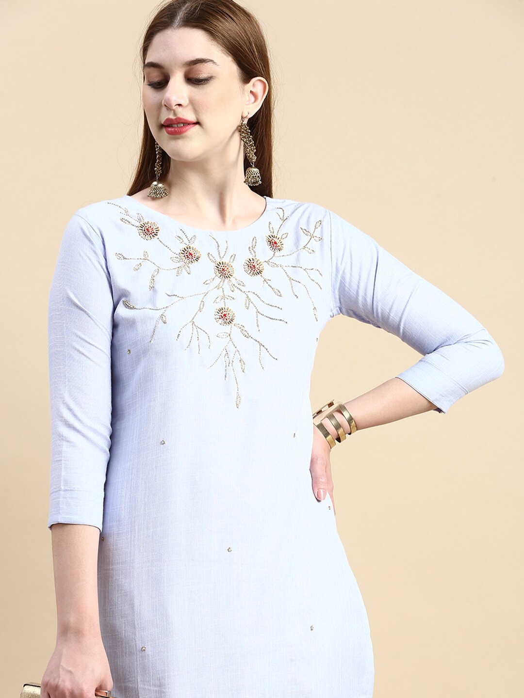 

GRANTH FASHION Round Neck Embroidered Straight Kurta, Blue
