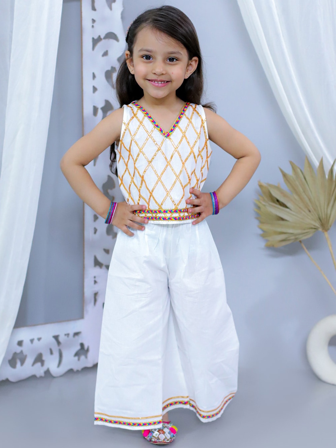

JUNITOS Girls Regular Pure Cotton Top with Palazzo, White