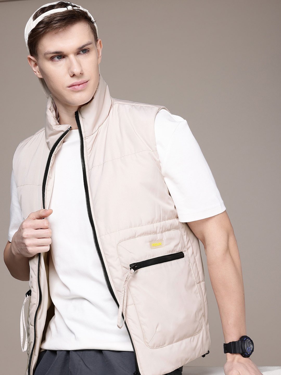 

FCUK Sleeveless Mock Collar Padded Jacket, Cream