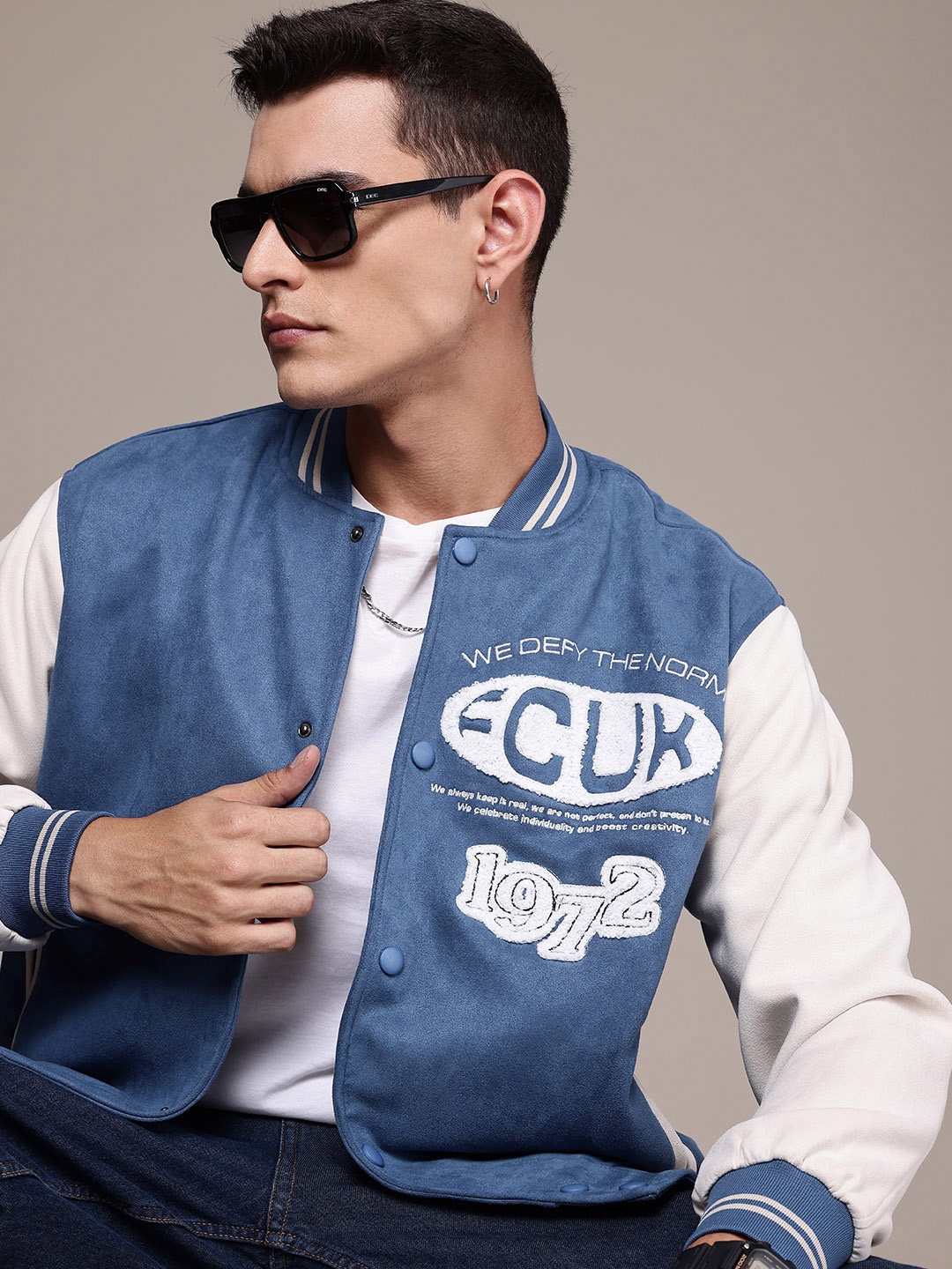 

FCUK Brand Logo Embroidered Stand Collar Bomber Jacket, Blue