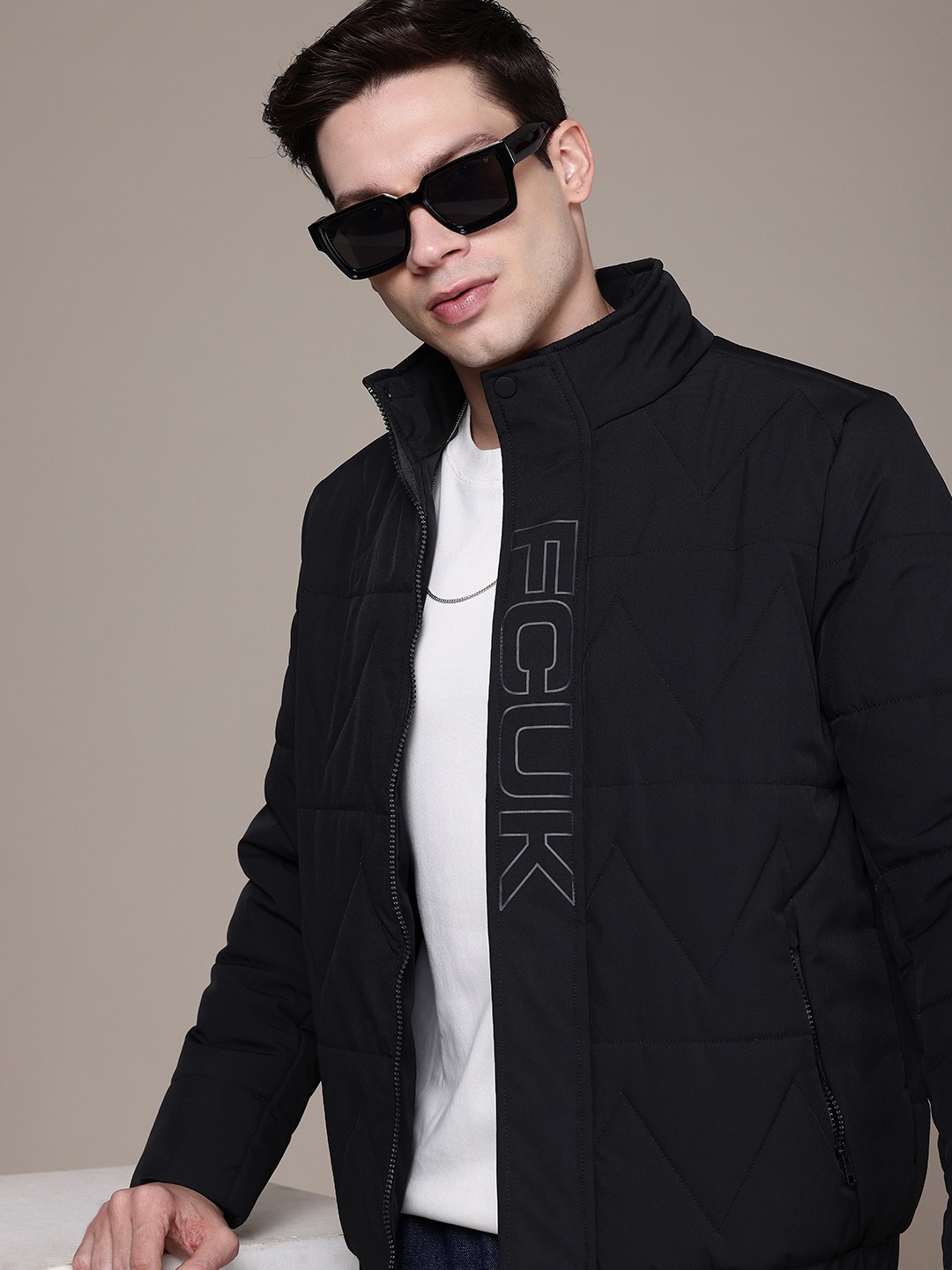 

FCUK Men Brand Logo Printed Detailed Puffer Jacket, Black